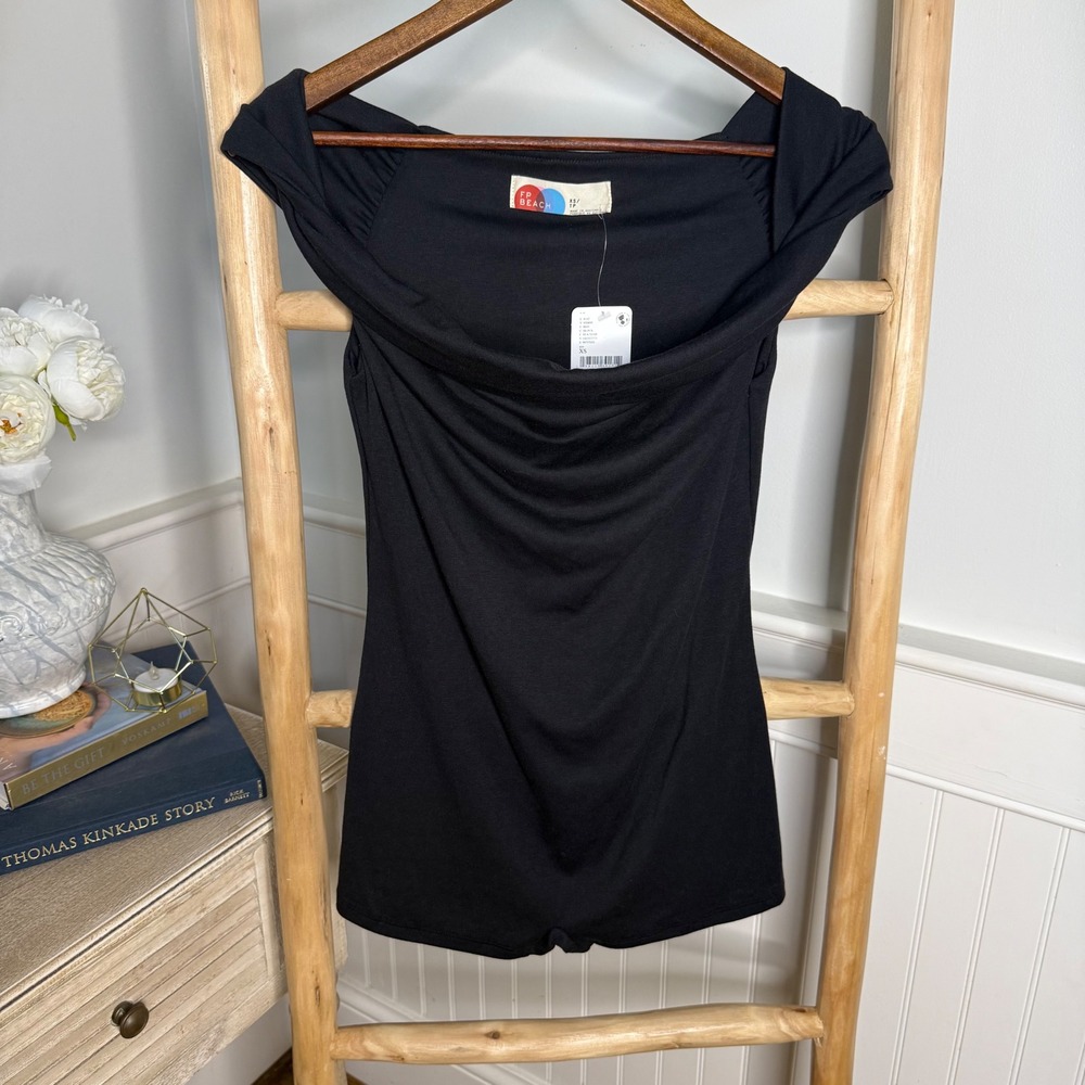 Free People FP Beach Black Cowl Neck Draped Bodysuit XS Short Sleeve Snap Base